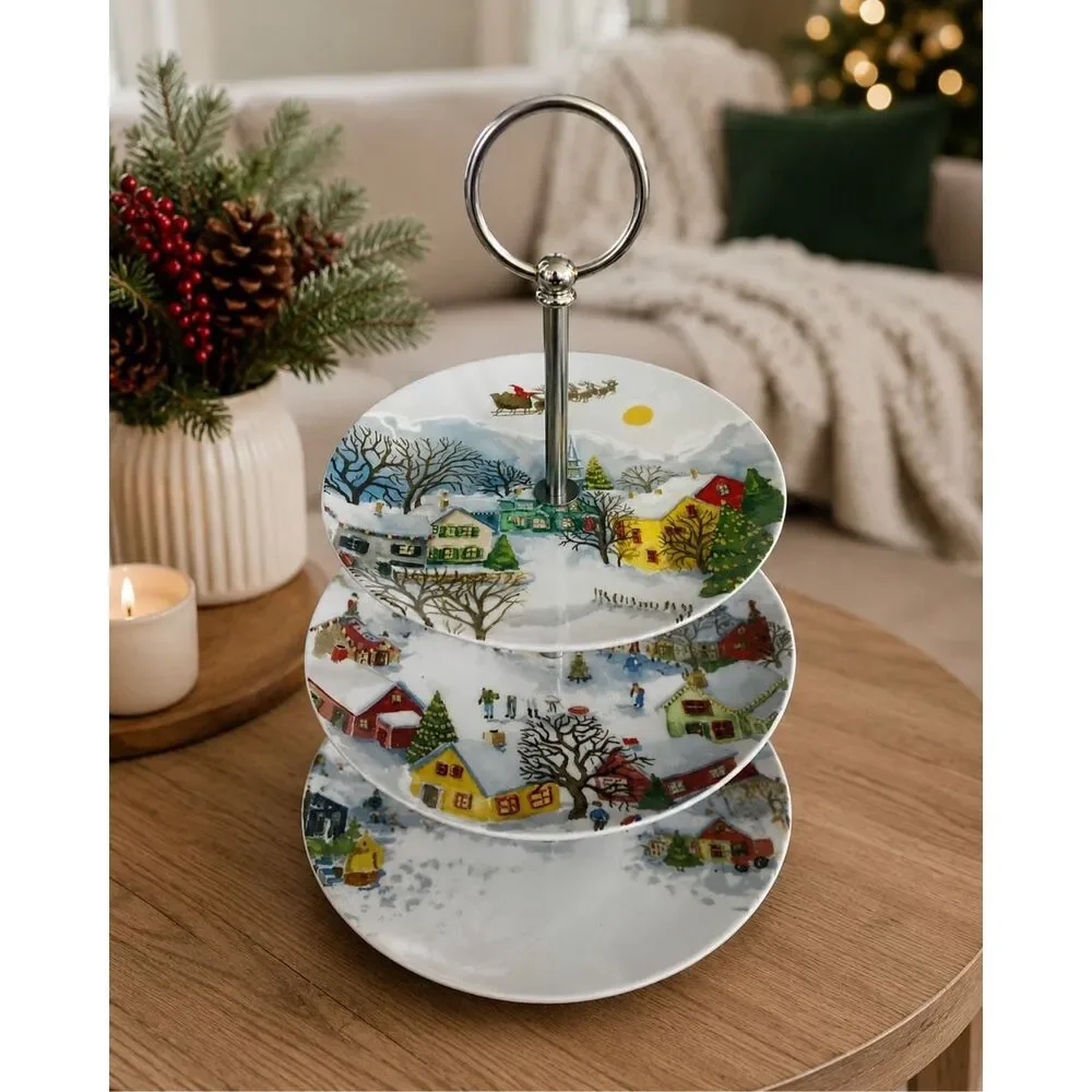 Pottery Barn Christmas Winter Village 3 Tier Tidbit Server Tray Cake Stand